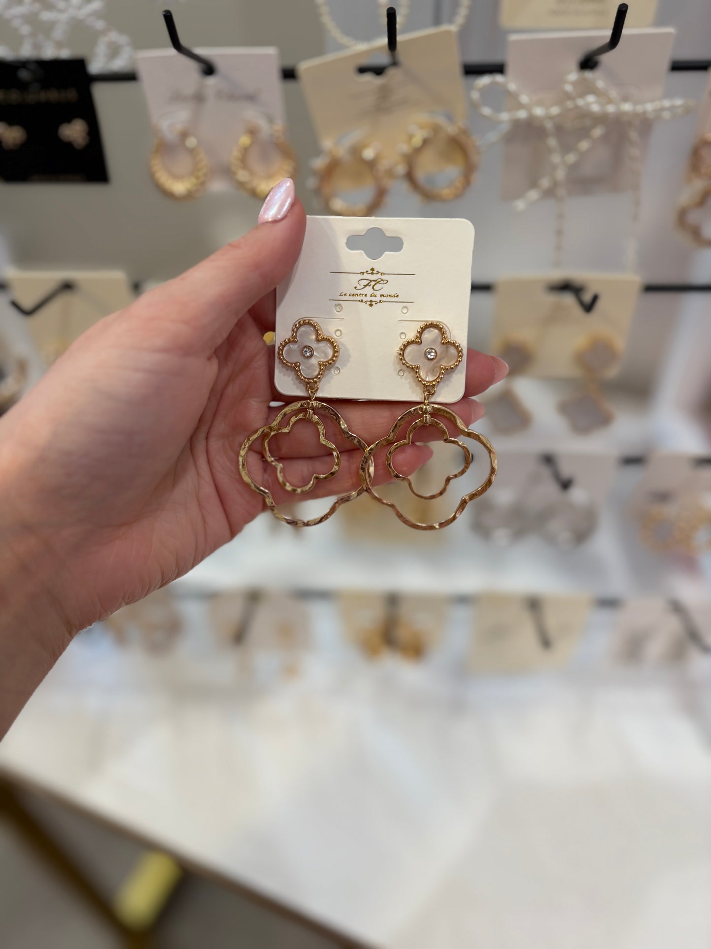 Gold pearl clover studs w/ 2 gold clover earrings