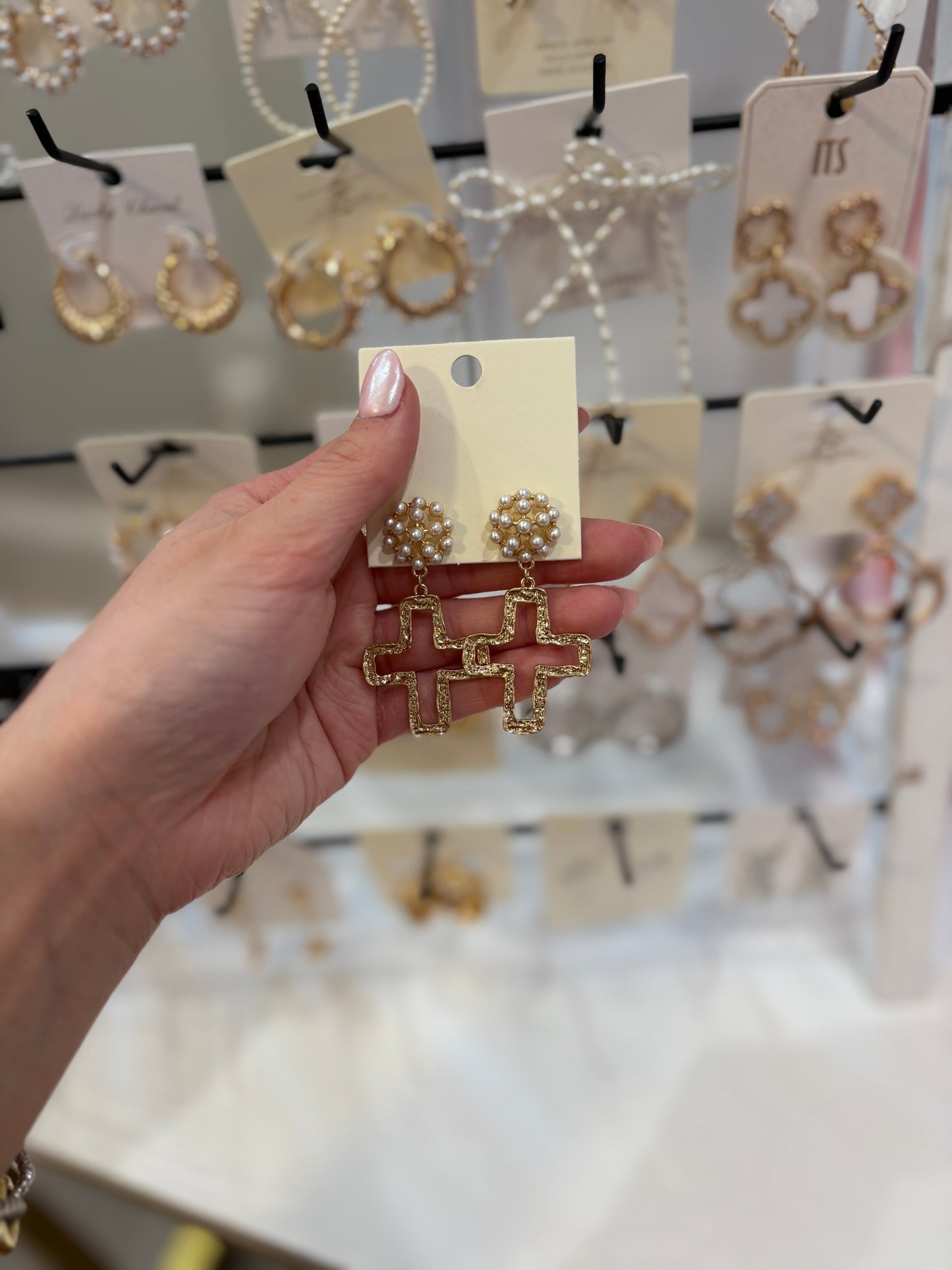 Pearl studs w/ cross dangle earrings