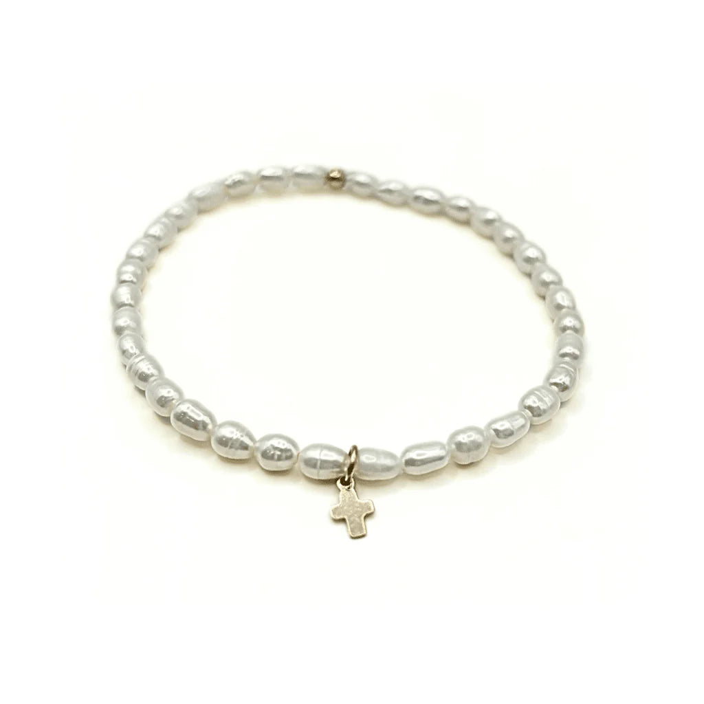 Erin Gray- Rice Pearl Bracelet with Gold Luxe Cross