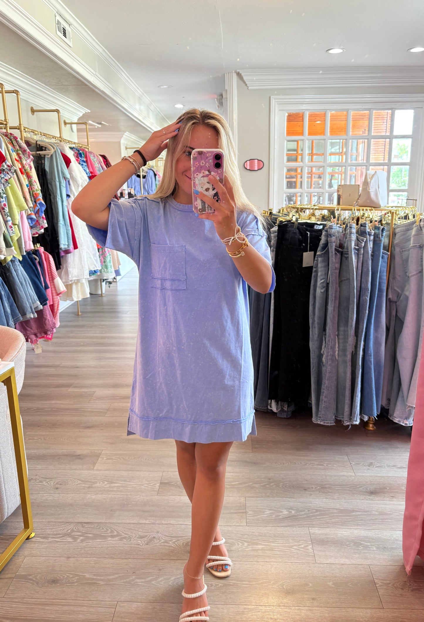 Good Vibes Only Vintage Wash T-Shirt Dress in Blue