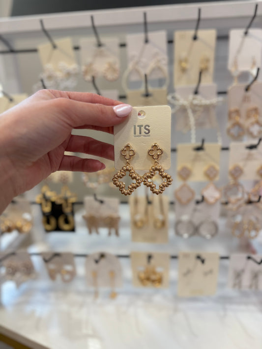 2 Gold Clovers Dangle Earrings