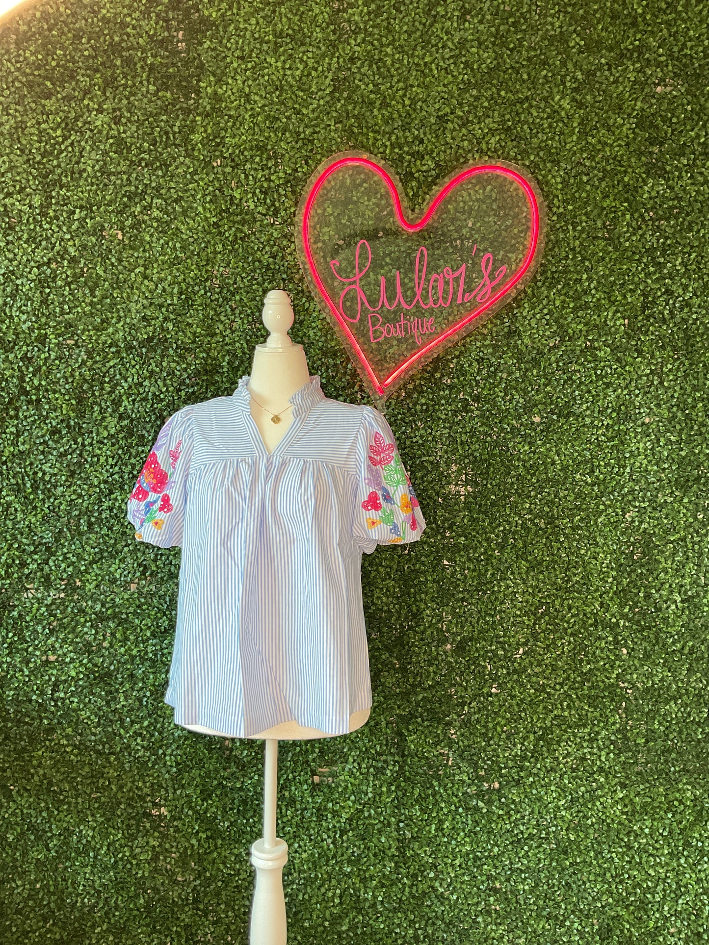 Blue Striped Embroidered Puff Sleeve Top