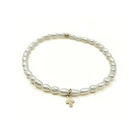 Erin Gray- Rice Pearl Bracelet with Gold Luxe Cross